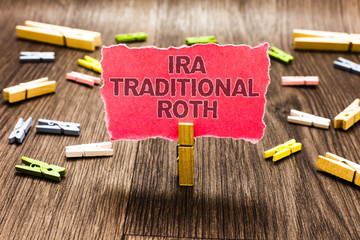 Conceptual hand writing showing Ira Traditional Roth. Business photo text are tax deductible on both state and federal Clips spread woody table learn study things class schooling