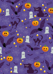 Halloween pumpkin seamless pattern on purple background. Cute halloween pumpkin and decoration pattern background. Halloween theme design vector illustration