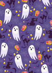 Halloween ghost seamless pattern on purple background. Cute halloween ghost and decoration pattern background. Halloween theme design vector illustration
