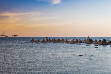 Seascape. Concrete pyramids with cormorants. Shabla, Northern Black Sea Coast, Bulgaria.