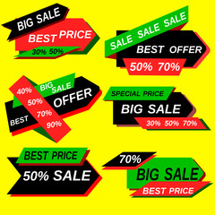 stickers for sale and discounts of black and green colors on a yellow color