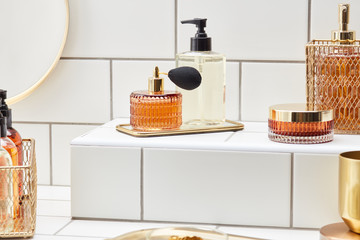 Stylish beauty products in arrangement