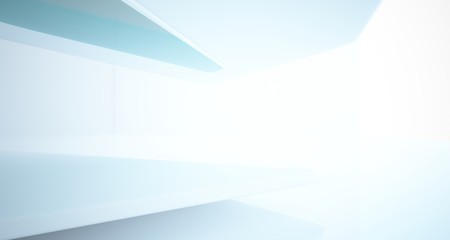 Abstract architectural white and glass gradient color smooth interior of a minimalist house with large windows.. 3D illustration and rendering.