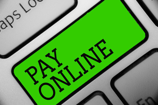 Text sign showing Pay Online. Conceptual photo buy products or service using credit card on any website Keyboard green key Intention create computer computing reflection document