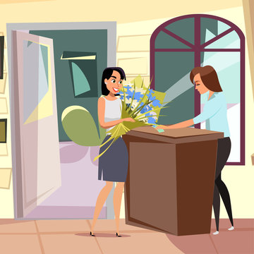 Woman buying flowers flat vector illustration