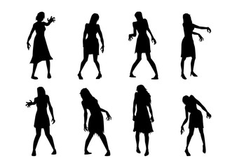 Female Zombie standing and reaching hand in Silhouette style. Collection of Full lenght of people resurrected from the dead.