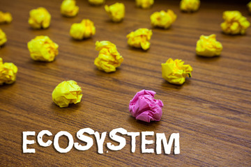 Naklejka premium Conceptual hand writing showing Ecosystem. Business photo showcasing biological community of interacting organisms and environment Lots crumpled papers mistakes not satisfied wooden floor