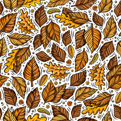 Fototapeta na wymiar Cartoon cute hand drawn Autumn seamless pattern