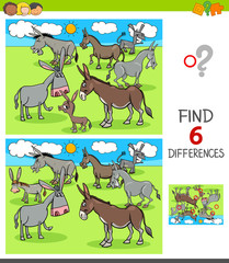 differences game with donkeys animal characters