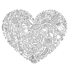 Set of New Year cartoon doodle objects. Heart composition