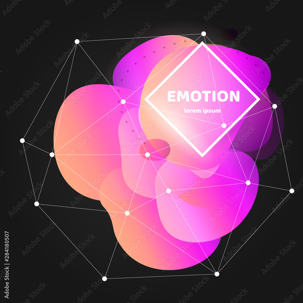 Poster abstract gradient wavy shape with white frame and polygon mesh on black background. trendy liquid or
