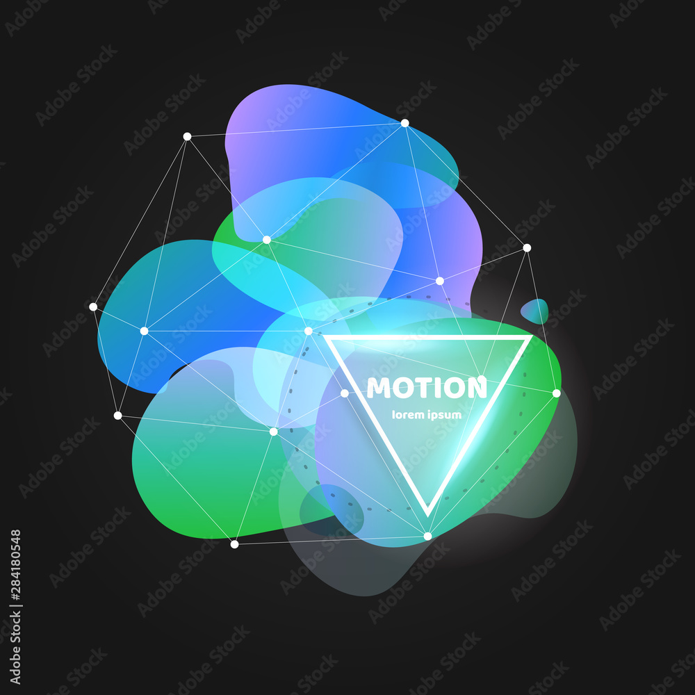 Poster abstract gradient wavy shape with white frame and polygon mesh on black background. trendy liquid or