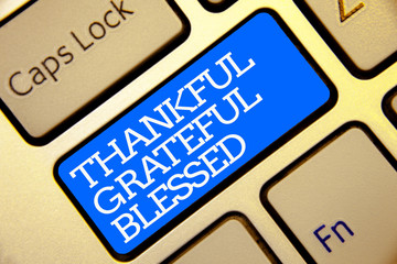 Writing note showing Thankful Grateful Blessed. Business photo showcasing Appreciation gratitude good mood attitude Golden color computer keyboard blue button white outline written texts