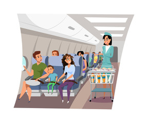 Flight attendant serving passengers illustration