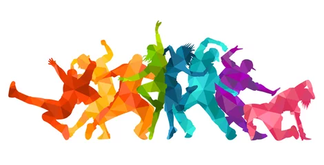 Foto op Plexiglas Detailed vector illustration silhouettes of expressive dance colorful group of people dancing. Jazz funk, hip-hop, house dance. Dancer man jumping on white background. Happy celebration © Razym