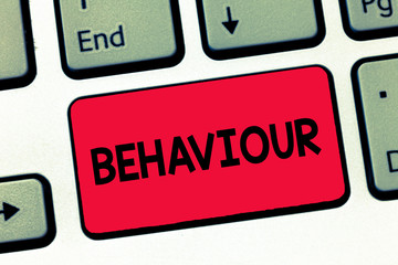 Text sign showing Behaviour. Conceptual photo way in which one acts conducts oneself especially...
