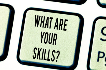 Text sign showing What Are Your Skillsquestion. Conceptual photo Tell us your abilities knowledge experience Keyboard key Intention to create computer message pressing keypad idea