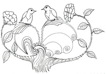 blackthorn birds in love singing on thorns, lineart