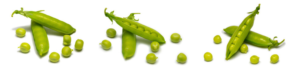 Pods of green peas with peas on a white background. Isolate Legumes