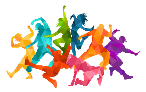 Detailed vector illustration silhouettes of expressive dance colorful group of people dancing. Jazz funk, hip-hop, house dance. Dancer man jumping on white background. Happy celebration