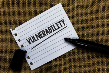 Writing note showing Vulnerability. Business photo showcasing Information susceptibility systems...
