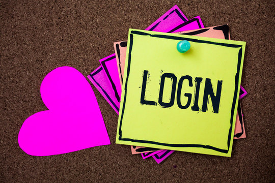 Text sign showing Login. Conceptual photo Act of entering into a computer database or system Starting session Multi colour small sticky boarder notice board thumb pinned heart display