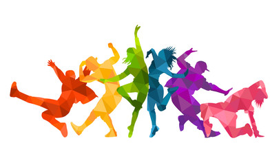 Detailed vector illustration silhouettes of expressive dance colorful group of people dancing. Jazz funk, hip-hop, house dance. Dancer man jumping on white background. Happy celebration