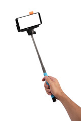 Smart phone with selfie stick in hand