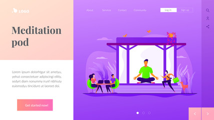 Stress relief, stress management. Friendly, peaceful work environment. Office meditation room, meditation pod, office relaxing place concept. Website homepage header landing web page template.