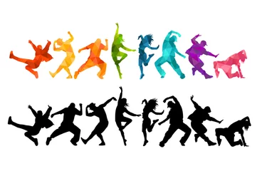 Fotobehang Detailed vector illustration silhouettes of expressive dance colorful group of people dancing. Jazz funk, hip-hop, house dance. Dancer man jumping on white background. Happy celebration © Razym