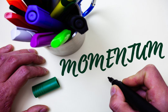 Word writing text Momentum. Business concept for Quantity motion in moving body Product of mass and velocity Artist study library colourful pen bunch handwritten beautiful script