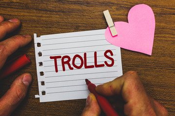 Writing note showing Trolls. Business photo showcasing Online troublemakers posting provocative...