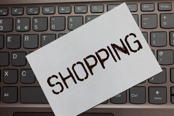Text sign showing Shopping. Conceptual photo Shopper customer purchase goods products store experience Black laptop keyboard art paper nice computer notebook netbook notebook