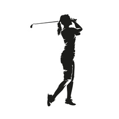 Young woman playing golf, isolated vector silhouette. Golf swing, side view