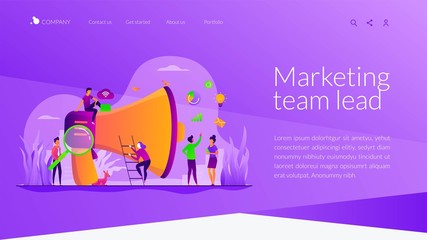 Partners cooperation. Colleagues coworking. Digital marketing team, success metrics, marketing team lead, team responsibilities concept. Website homepage header landing web page template.