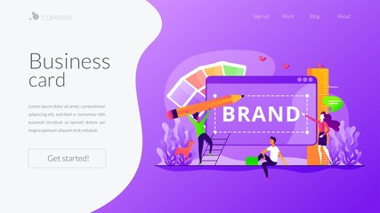 Corporate identity, company logo, name creating. Designers and marketers teamwork. Brand identity, business card, social media advertisement concept. Website homepage header landing web page template.