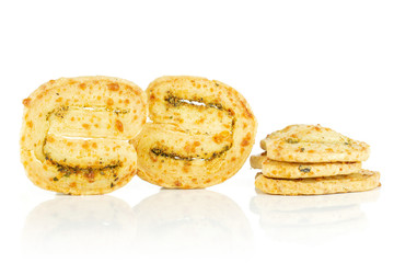 Group of five whole golden savory cheese palmier isolated on white background