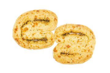 Group of two whole savory cheese palmier flatlay isolated on white background