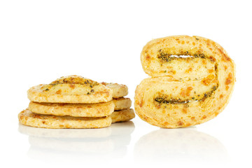 Group of four whole baked savory cheese palmier isolated on white background