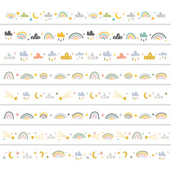 Decorative frame ribbons and border dividers made of handdrawn scandinavian style illustrations of stars, rainbow and clouds. Good for baby room decoration or washi sticker tape stationary accessory.
