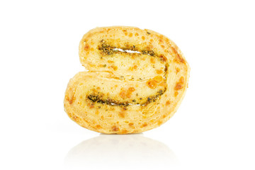 One whole savory cheese palmier isolated on white background