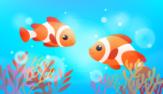 Underwater banner with clown fish and coral. Illustration in colorful style.