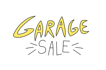 Garage sale, funny yellow and black line doodle cartoon lettering isolated on white background. Second hand,thrift store, swapmeet, flea market banner. Sketchy yard discount shop announcement.