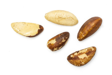 Group of five whole unshelled brazil nut flatlay isolated on white background