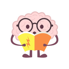Cartoon brain character reading a book. Vector illustration.