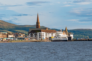 Largs Pier and the Cal-Mac Ferry fronting the Largs Town Centre in Scotland