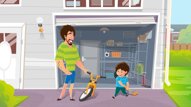 Boy with Fathers Repairing Broken Bicycle Vector