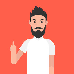 Man character with beard. Man is showing the middle finger. Obscene gesture. Vector illustration.