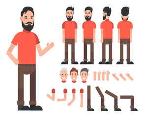 Man character with beard. Front, side, back view animated characters. Vector illustration.