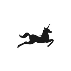Black silhouette of graceful unicorn in jump. vector flat icon isolated on white